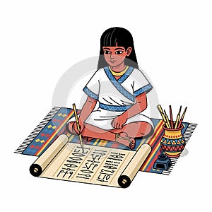 Ancient Egyptian scribe writing on papyrus scroll