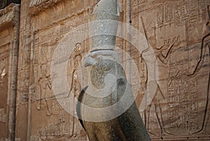 Ancient egyptian statue of falcon god Horus at the Temple of Edfu. Egypt