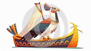 Ancient Egyptian sun god Ra or Horus cartoon modern illustration. Ancient god-falcon in night and day boats, sacred photo