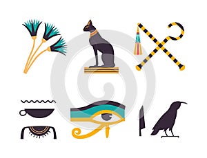 Ancient Egyptian Symbol with Black Cat, Eye of Horus, Flower and Crossed Whip and Sceptre Vector Set