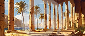 Ancient Egyptian temple interior overlooking landscape, great columns of old stone building in Egypt. Theme of pharaoh,