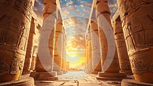 Ancient Egyptian temple at sunset, great columns on sky background, view of old stone building and sun in Egypt. Theme of pharaoh