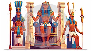 The ancient Egyptian wall art element cartoon modern shows the pharaoh sitting on his throne and armed men in the