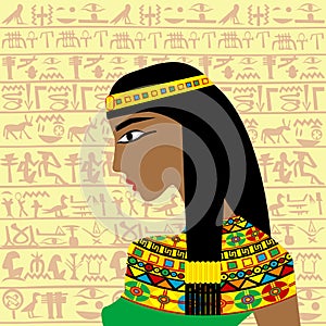 Ancient Egyptian woman profile over a background with Egyptian h