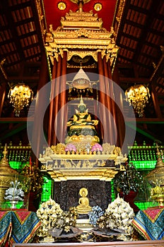 Ancient Emerald Buddha statue or Phra Kaeo Morakot for thai people travelers travel visit respect praying blessing wish holy