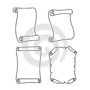 Ancient empty scroll icon. A set of outline vector paper scrolls or papyrus isolated on white.