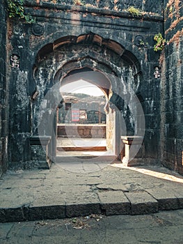 Ancient Entrance Gate Of Lohagad Fort Structure and its surrounding Fortified walls (tatbandhi)