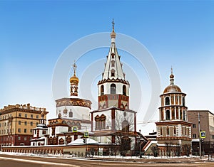 The ancient Epiphany cathedral. It was founded in 1693 in the Siberian Baroque style. Irkutsk