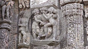 ancient erotic art sculptures on Konark temple, Odisha, India