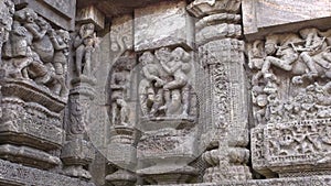 Ancient erotic sacred art sculptures on Konark sun temple, Odisha, India