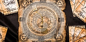 Ancient esoteric witchcraft background. Occultims and paganism old symbol, with mysterious runes alphabet