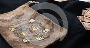 Ancient esoteric witchcraft background. Occultims and paganism old symbol, with mysterious runes alphabet