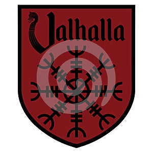 The ancient European esoteric sign - the Helm of Awe, inscription Valhalla and Heraldic shield photo