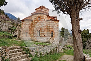 The ancient Evangelistria church in Architectonical site of Mystras, Greece in cloudy weather with a tree in foreground