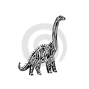 Ancient extinct jurassic brachiosaurus dinosaur vector illustration ink painted, hand drawn grunge prehistoric reptile, black