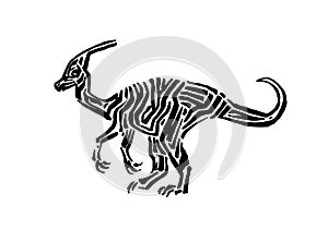 Ancient extinct jurassic parasaurolophus dinosaur vector illustration ink painted, hand drawn grunge prehistoric reptile, black