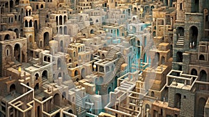 Ancient fantasy city built like a maze with multiple stairways and arches, filled with figures roaming through the stone pathways