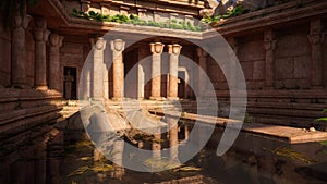 Ancient fantasy temple ruin with stepping stones leading across a pond to the entrance between stone columns. 3D illustration