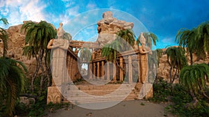 Ancient fantasy temple ruin surrounded by palm trees. 3D rendering