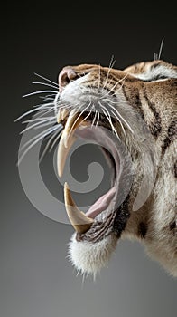 Ancient feline: The saber-toothed tiger, an iconic and extinct predator with distinctive saber-like teeth, representing photo