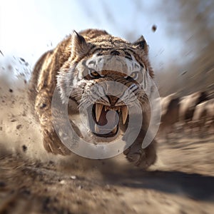 Ancient feline: The saber-toothed tiger, an iconic and extinct predator with distinctive saber-like teeth, representing photo