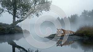 Ancient feline: The saber-toothed tiger, an iconic and extinct predator with distinctive saber-like teeth, representing photo