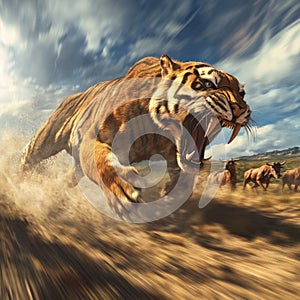 Ancient feline: The saber-toothed tiger, an iconic and extinct predator with distinctive saber-like teeth, representing photo