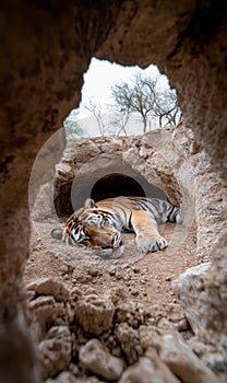 Ancient feline: The saber-toothed tiger, an iconic and extinct predator with distinctive saber-like teeth, representing photo