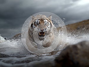 Ancient feline: The saber-toothed tiger, an iconic and extinct predator with distinctive saber-like teeth, representing photo