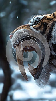 Ancient feline: The saber-toothed tiger, an iconic and extinct predator with distinctive saber-like teeth, representing photo