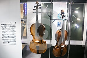 Ancient fiddlestick musical Instruments violin in St. Thomas Church Thomaskirche. Leipzig, Germany. November 2019