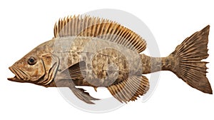 Ancient fish fossil isolated on white created with Generative AI. Prehistoric skeleton.