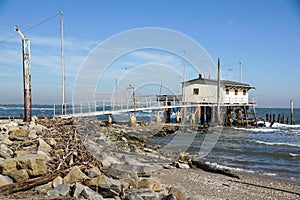 Ancient fishing machine called Trabucco trebuchet , typical of the Italian Adriatic coast, Puglia and Gargano, Molise