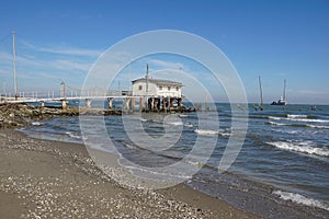 Ancient fishing machine called Trabucco trebuchet , typical of the Italian Adriatic coast, Puglia and Gargano, Molise