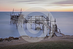 Ancient fishing machine by the sea. Abruzzo, Italy. Long Exposure