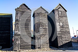 Ancient fishing net huts at Hastings fishing quarter in East Sussex, England