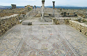 Ancient floor mosaic in antique ruins