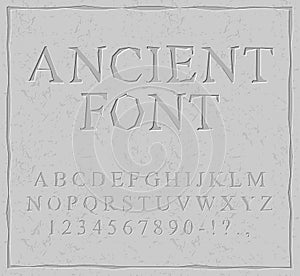 Ancient font. Carved on stone plate alphabet. Prehistoric alphabet. Antique set of letters