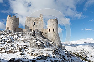 Ancient fortification in the snowy mountains of Abruzzo, Italy