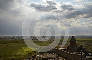 Ancient fortified Khor Virap Monastery located in Ararat valley, Armenia