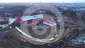 Ancient fortress Korela, April evening aerial video. Priozersk, Russia