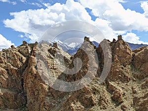 Ancient fortress on the top of the mountains in the Sarah valley in Ladakh, India.