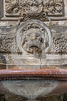 Ancient fountain with a lion head and cold clean water, Magdeburg, Germany