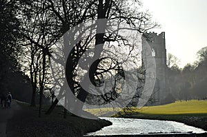 Ancient Fountains Abbey on a misty morning