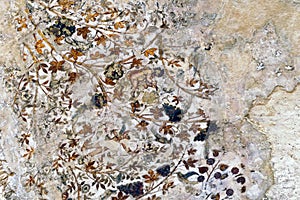 Ancient Fragmented Traditional Nabataean Ceiling Fresco Paintings in the Small Biclinium in Little Petra, Jordan