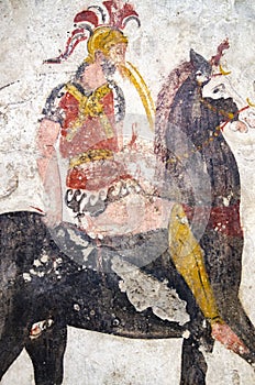 Ancient fresco in the tomb of a warrior on Horse of Magna Graecia, photo