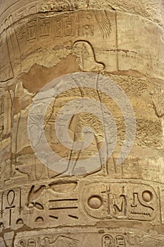 Ancient frescoes, hieroglyphs, images and symbols on the wall of Karnak Temple complex (ancient Thebes).