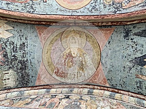 Kirillov, Vologda region, Russia, February, 20.2020. Ancient frescoes of the Kirillo-Belozersky monastery. Painting of the Holy ga