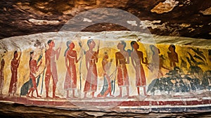 Ancient frescoes on the walls of the cave at Pha Taem National Park, Thailand Generative AI
