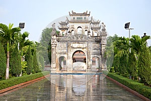 Ancient gate of a Buddhist temple in Snake village (Le Mat snake village). Hanoi, Vietnam